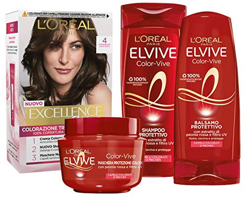 L'Oréal Paris Kit Cura & Colore Capelli Castano, Box con Tinta Capelli Excellence Castano 4, Shampoo, Balsamo e Maschera Color Vive per il Mantenimento del Colore nel Tempo, Castano, Confezione da 4