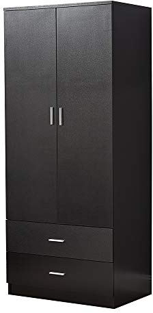 Panana 2 Door Combination Wardrobe Tall Big Wooden Wardrobe With 2 Big Drawers Bedroom Storage Units With Hanging Bar Clothes (Black)