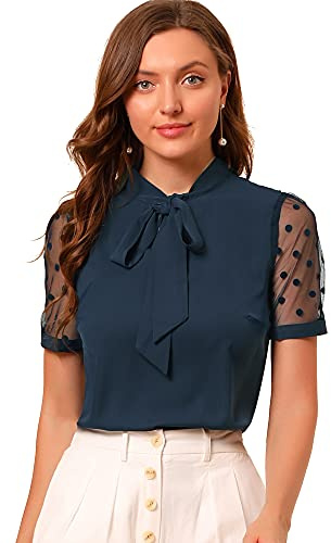 Allegra K Women's Bow Tie Neck V Neck Stand Collar Short Mesh Sleeve Blouse, Navy Blue, S