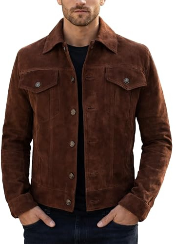Fashion_First Mens Suede Leather Trucker Jacket - Western Style Cowboy Genuine Leather Jacket