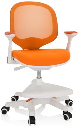 hjh OFFICE 736418 Kinder Schreibtischstuhl Kid Ergo Stoff/Netz Kinderstuhl mit Fußablage, Armlehnen klappbar, Orange/Weiß