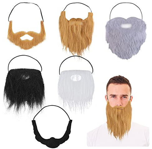 Yolev 6 st falskt skägg roligt skägg falsk mustasch ansiktsdräkt skägg tillbehör med justerbar elastisk snöre för halloween party cosplay tillbehör, Gul, brun, svart, vit