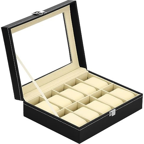 SPRINGOS Cassetta dell'orologio per 10 orologi, cassa in similpelle, 25 x 20 x 8 cm, scatola portagioie con finestra