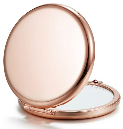 Getinbulk Compact Mirror for Purse, Double-Sided 1X/2X Magnifying Metal Pocket Makeup Mirrors(Round, Rose Gold)