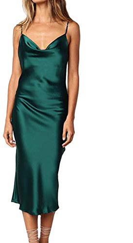 xxxiticat Damen Ärmelloses Satin Kleid Sexy Spaghetti Strap Backless Cocktail Ball Party Midi Kleid(GR2,S)