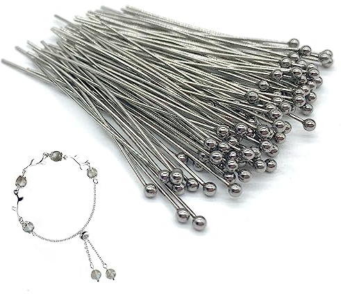 DHER Kopfstifte für DIY Eyepins Schmuckzubehör Kopfstifte Schmuck 100Stück 40mm Edelstahl Perlennadel 0.6mm Fadendurchmesser Rundkopfnadel Perlenfädeln Perlenkopfnadel Titanstahl Schmucknadel (Silber)