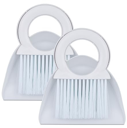 Relaxdays Set 2 Escobas Mesa con 2 Recogedores, Quitamigas Plástico Camping, Barredor de Mano Cocina, Colgante, Blanco, 4,5 x 18 x 19 cm