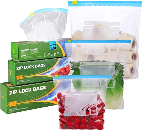 70 Pcs Food Storage Freezer Bags, 3 Sizes Zip Lock Bags (4.55L, 2.27L, 1L), Reusable Ziplock Bags Sandwich Bags with Expandable Bottom, Heavy Duty Food Bags for Fruits, Veggies, Meat, Snacks