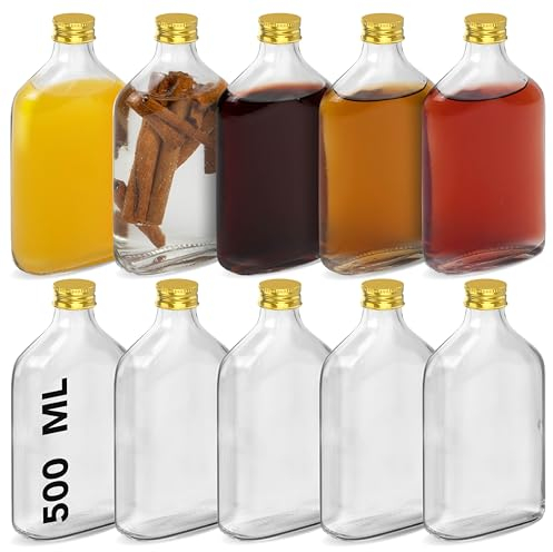 HEFTMAN Flask Small Glass Bottles - 10 Pack 500ml Glass Bottles with Lids, Empty, Airtight, Reusable 500ml Flask Bottle - Perfect for Gin, Wine, Vinegar, Homemade Beverages, Sauces, Décor