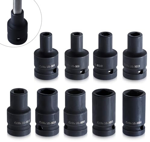 Goshyda 9-teiliges Gewindebohrer-Steckschlüssel-Set, 1/2-Zoll-Antrieb, Vierkant-Steckschlüsselsatz, für Elektrische, Pneumatische, Handschlüssel, Cr-Molybdän-Stahl, Werkzeugzubehör