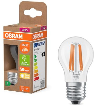 Osram dalla classica forma mini sferica, con filamento LED decorativo, classe di efficienza energetica A, E27, 1,2 W, 255 lm, 2700 K, bianco caldo. Senza riscaldamento, luce immediata al 100%.