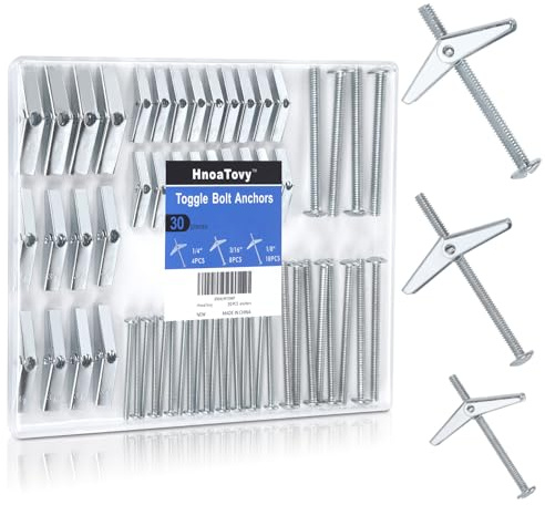 30PCS Wall Anchors for Drywall Heavy Duty, Hollow Wall Anchors, Toggle Anchors for Drywall, Dry Wall Anchors and Screws Kit, Premium Anchors in 3 Sizes(1/8IN, 3/16IN, 1/4IN) for Ceiling, HnoaTovy
