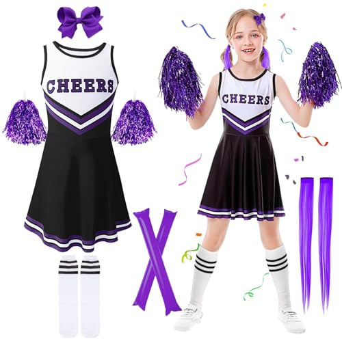 Kitimi Costume da cheerleader per bambini e ragazze, costume da cheerleadering, vestito uniforme con pompon, calze per capelli, per carnevale, feste, cosplay