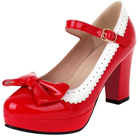HSyc JRX Women's Platform High Heels Pumps with Bow and Block Heel Mary Jane Shoes, red, 6 UK