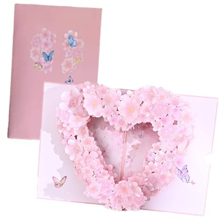 FENQURO biglietto auguri compleanno,Biglietto pop-up 3D Sakura a forma di cuore con messaggio scorrevole,design floreale artigianale,perfetto per la festa della mamma,anniversari,compleanni