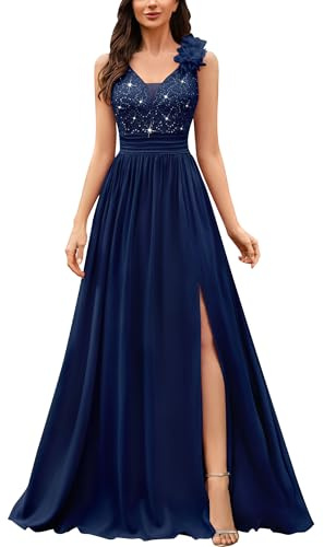 MIUSOL Women's Vintage V-Neck Sleeveless Sequined Lace Split Wedding Formal Evening Maxi Dress (XX-Large, Navy Blue)