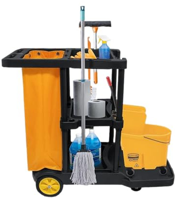 Uyoyous Carrello per la pulizia professionale, 3 livelli con 4 rotelle, nero-giallo, 65 l, grande sacco per la biancheria, 113 x 56 x 93 cm