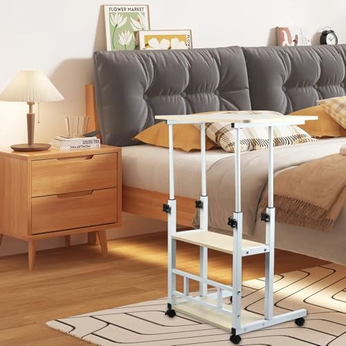 OHMG 60 x 40 cm rullbord för soffa, rullbord med 1 låda och 2 hyllor, mobilt skrivbord, justerbar höjd 74,5–95,5 cm, sidobord 4 låsbart hjul