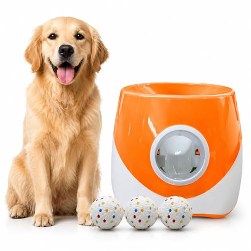 Kortemora Automatic Dog Ball Launcher with 3 Balls, Interactive Fetch Toy for Small Medium Dogs, 3 Distance Settings 6m 10m 14m, Electric Ball Thrower for Outdoor Play Training Exercise