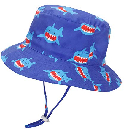 LACOFIA Baby solhatt småbarn pojkar flickor sommar hinkhatt barn brett brätte strandkeps med justerbar hakrem, blå haj, 2-3 År