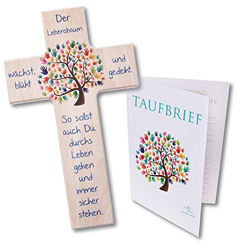 Fritz Cox Kinder-Set: Kinderkreuz Lebensbaum mit Taufbrief Taufe (braun, 15 cm)
