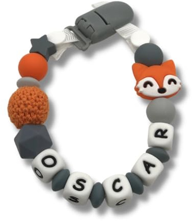 Fluffy Clouds Dummy Clip | Personalized Pacifier Holder | Soother Chain with Name Silicone | Baby Boys Gift for Newborn | Fox design