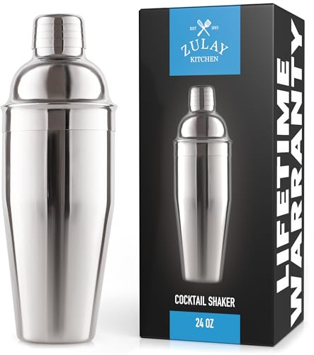 Zulay Cocktail Shaker (24oz) 18/8 Stainless Steel Martini Shaker with Built-in Strainer - Professional Grade Drink Shaker and Strainer for Bartending & Homebars (Silver)
