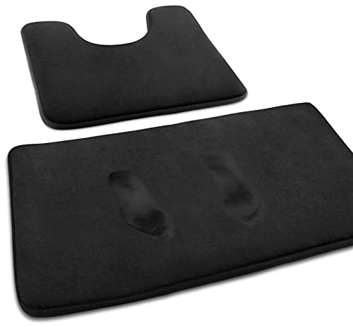 MEKO Memory Foam Badematte, 2 Set Anti Rutsch Badezimmerteppich und saugfähiger U-förmiger Konturteppich Fußmatte für Badezimmer Dusch, maschinenwaschbar und super weich (Schwarz)