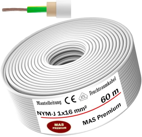 Cable de alimentación para ambientes húmedos de 5 a 100 m, NYM-J 1 x 16 mm², anillo de cable eléctrico para una instalación fija (60 m)