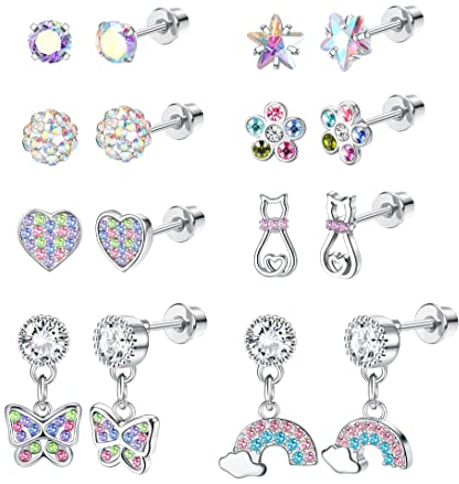 YADOCA 8 Paar Hypoallergene Ohrstecker für Damen Mädchen Kinder Chirurgenstahl CZ Schraubverschluss Ohrring Herz Perle Regenbogen Blume Schmetterling Tragus Knorpel Piercing Ohrringe Set