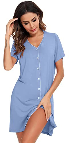 OCCIENTEC Camisón de Lactancia para Mujer Verano Camisón Maternidad Lactancia con Botones con Cuello en V Azul Claro, XL