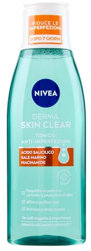 NIVEA Derma Skin Clear Gesichtswasser gegen Unreinheiten 200 ml, für fettige und Mischhaut mit Salicylsäure, Meersalz und Niacinamid, ausgleichend ohne Ethylalkohol