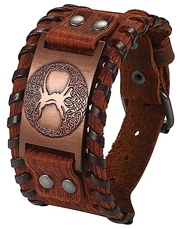 Cupimatch Herren Armband Braun Retro Breites Metall Wikinger Armband Herren PU Leder Armband Punk Style Armbänder Breiter Gürtel Manschette Armreif Rock Wrap für Männer Junge