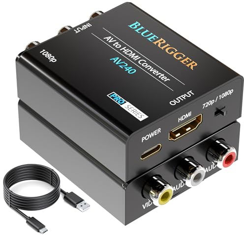 BlueRigger RCA to HDMI Converter (1080p, Unidirectional A/V Composite to HDMI Adapter, CVBS Audio Video Converter, PAL/NTSC AV to HDMI) - Compatible with PS2, PS3, Xbox, DVD Player, VCR, VHS, Blu-Ray