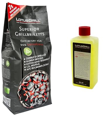1 briquetas LotusGrill Superior para barbacoa de 3 kg + 1 pasta de combustión LotusGrill de 500 ml – CO2 neutro, se enciende rápidamente + tiempo de combustión