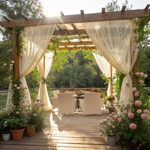 SK Studio Beige Outdoor Sheer Curtains for Patio Waterproof 2 Panels Sheer Curtains Privacy Screen Mesh Net Outside Curtains Rod Pocket for Gazebo, Porch, Pergola, 63W x 84L