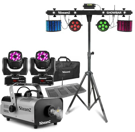 BeamZ SHOWBAR Free DJ Light Bar with Moving Heads, PAR Cans, Derby Lights, Strobe Effects & Smoke Machine - Complete Disco Light Package for DJs, Parties & Events - partybar