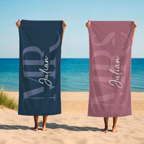 CHARMMYFASHION His and Her Beach Towels Personalised, 2-Packs, Couples Beach Towels Custom Mr and Mrs Towels, Newlywed Married Bride, Wedding, Honeymoon Gift Personalised Beach Towel Set, Microfibre