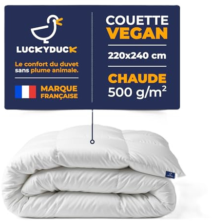 Couette Chaude Luckyduck 220x240 - Grand Format - Garnissage Microfibre I loft - Percale Coton Blanche - Chaleur Maximale Hiver - Lavable en Machine