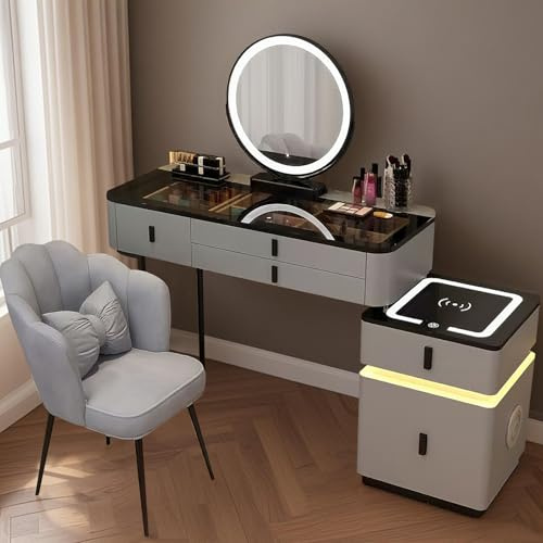 Tocador con espejo e iluminación LED, tocador con silla y espejo circular inteligente, mesa cosmética con tapa de cristal, tocador moderno para niñas (gris+negro+patas de mesa normales, 80 cm)