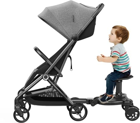 Ride On Board for Stroller, Universal Buggy Board with Seat & Led Wheels Child Stroller Accessory for Walking and Shopping, Adjustable Height and Length for Children Aged Three to Seven Years