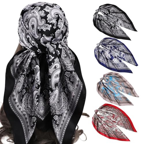 EVBOTGEE Lot de 4 foulards pour femme - 90 x 90 cm - Grandes écharpes carrées - Bandana en soie - Foulard pour femme - Doux - Style bohème multicolore