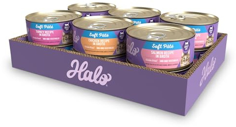 Halo Wet Cat Food Variety Pack, Grain Free Three Canned Wet Cat Pate, Chicken Stew, Salmon Stew & Turkey Stew, 5.5 Oz Can (Pack of 12)