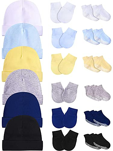 Baby Hats Mittens and Socks Set Unisex Cotton Beanie Cap and Scratch Mitten Non-Slip Baby Ankle Socks for Boys and Girls (White, Black, Grey, Light Blue, Navy Blue, Beige,6 Sets)