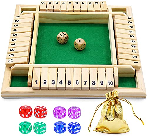 BEIJITA Shut The Box: Wooden Board Game with 10 4-Sided Dice for 2-4 Players, Family Math Game (Green)