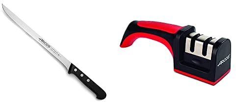 Arcos Serie Universal, Cuchillo Jamonero, Hoja de Acero Inoxidable Nitrum 240 mm + Afiladores, Afilador de Cuchillos de Mano, Hecho de ABS + TPE