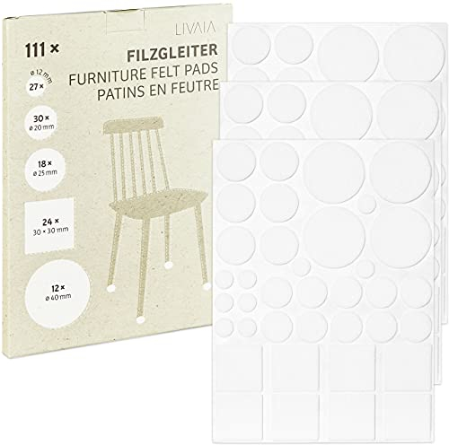 Filzgleiter Selbstklebend Weiß: 111x Stuhl Filzgleiter Set in 5 Größen als Bodenschutz für Stühle und Möbel – Filz Selbstklebend Rund – Filzgleiter für Stühle, Möbelgleiter Filz Gleiter von LIVAIA