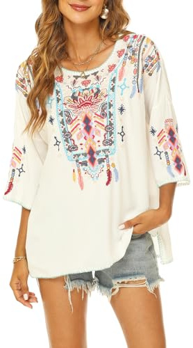 Seasonal Women's Embroidered Crew Neck Blouse Summer Bohemian Vintage Shirts Hippie Floral 3/4 Sleeve Boho Tops For Women