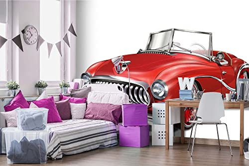 DIMEX LINE Non-Woven Photo Wallpaper Retro RED CAR 375 x 250 cm - Non-Woven Wallpaper, wall Mural, wall Pictures - Wallpaper for Living Room, Bedroom, Office, Kitchen
