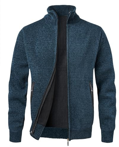 MeiLayM Herren Strickjacke Stehkragen Reißverschluß Pullover Weiches Plüschfutter Warm Sweatjacke Langarm Cardigan Feinstrick Herbst Winterjacke Blau,M